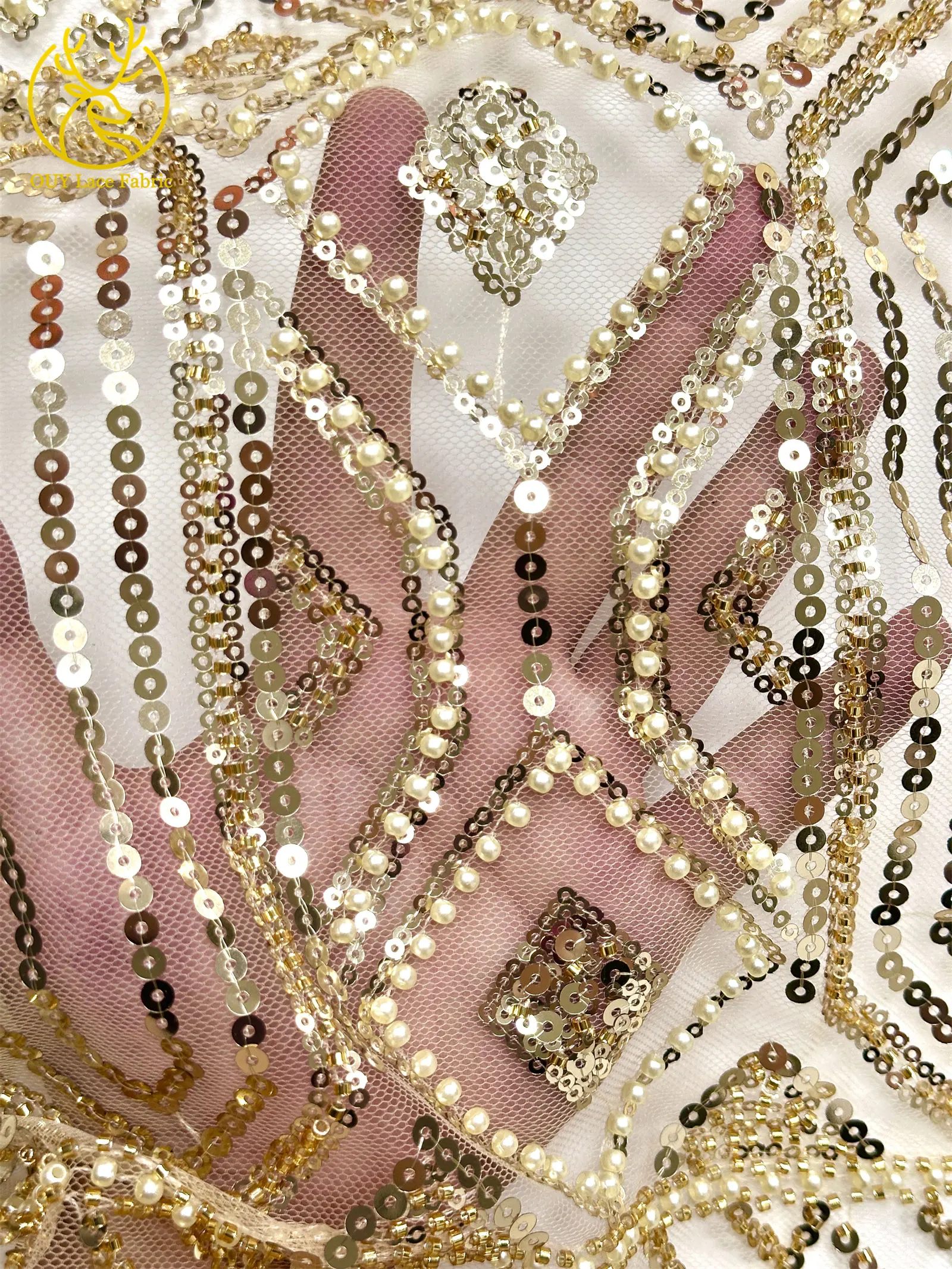 Gold Luxuriöser Afrikanischer Perlen-Spitzenstoff 2026 Hochwertiger Französischer Nigerianischer Mesh-Pailletten-Spitzenstoff für Party-Abendkleider Nähen – Detail 5