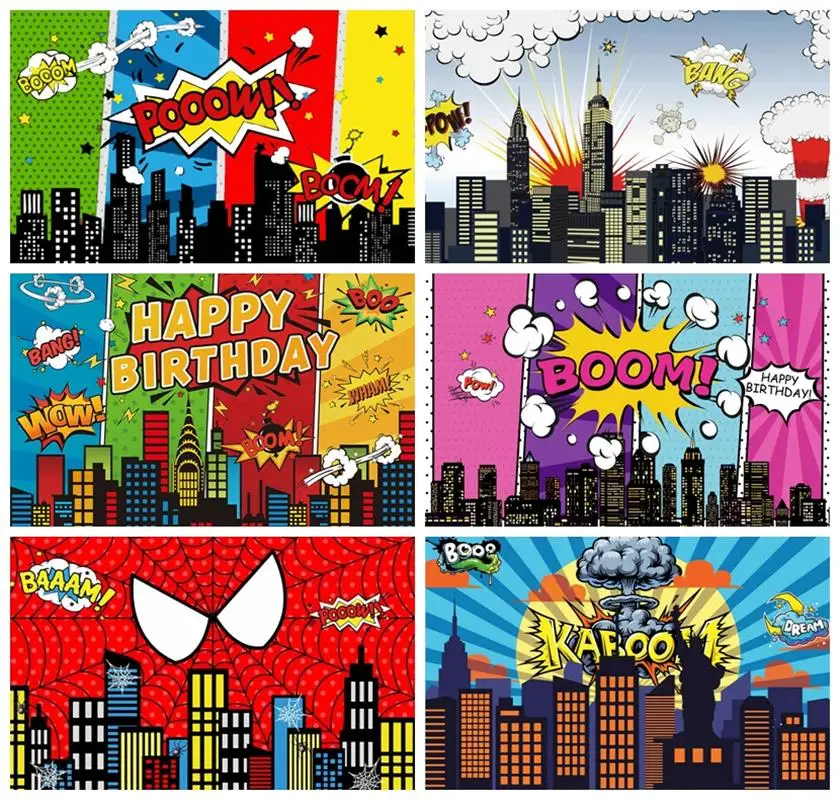 

Laeacco Cartoon Super City Backdrops Superhero Explode Modern Cityscape Kids Birthday Portrait Customized Photography Background