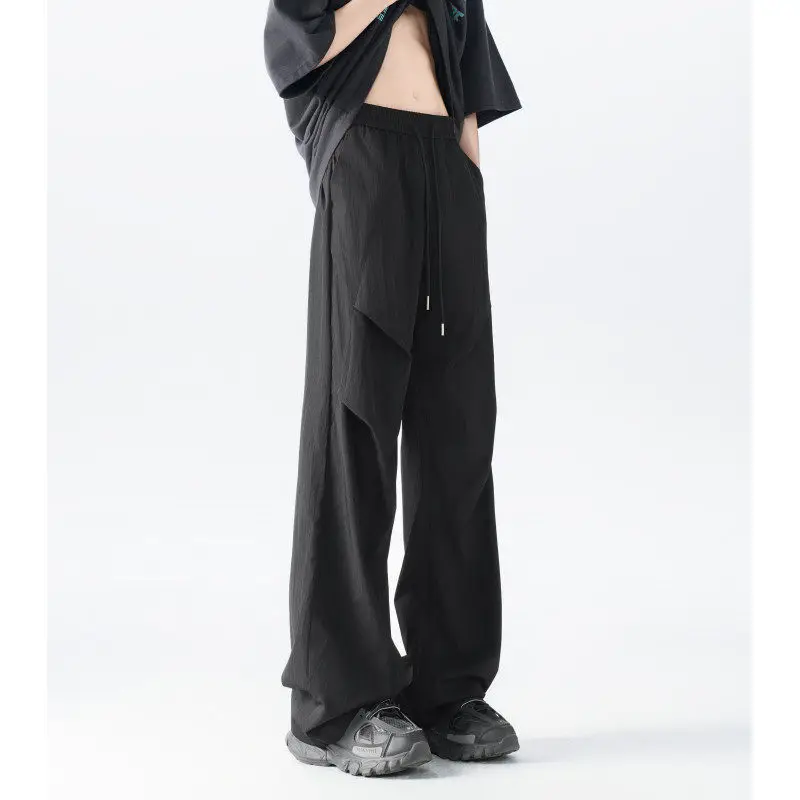 

American Sle Pleated Ice Silk Qui Dry Wide Leg Paratrooper Pants Men Summer Thin Loose Cool Feeling Casual Workwear Trousers