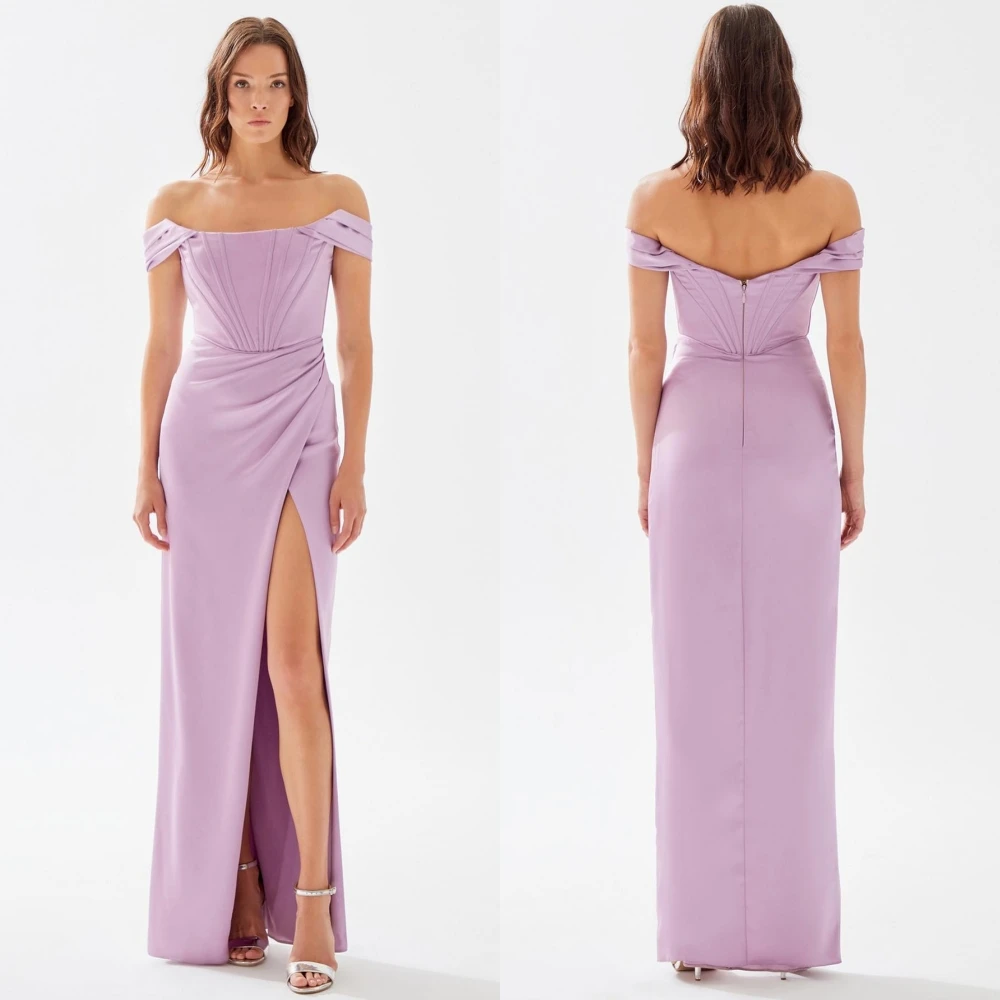 Yipeisha Simple Sizes Available Formal Ocassion Gown Off-the-shoulder A-line Draped Floor length Satin Prom Dresses