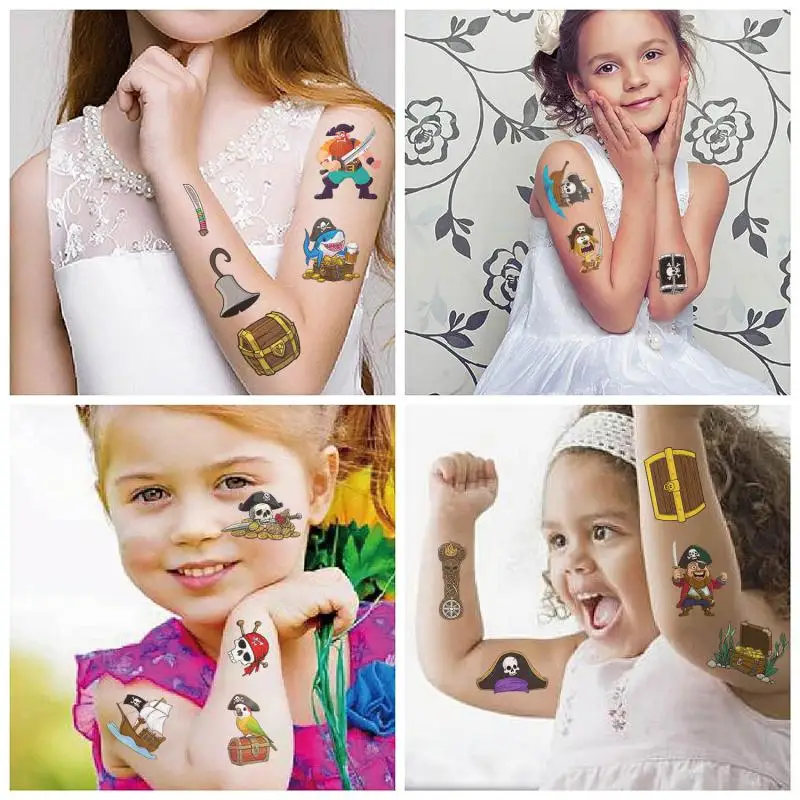10Pcs Cartoon Pirate Treasure Gold Temporary Tattoos Sticker Skeleton Pirate Tattoos For Girls Boys Birthday Party Supplies