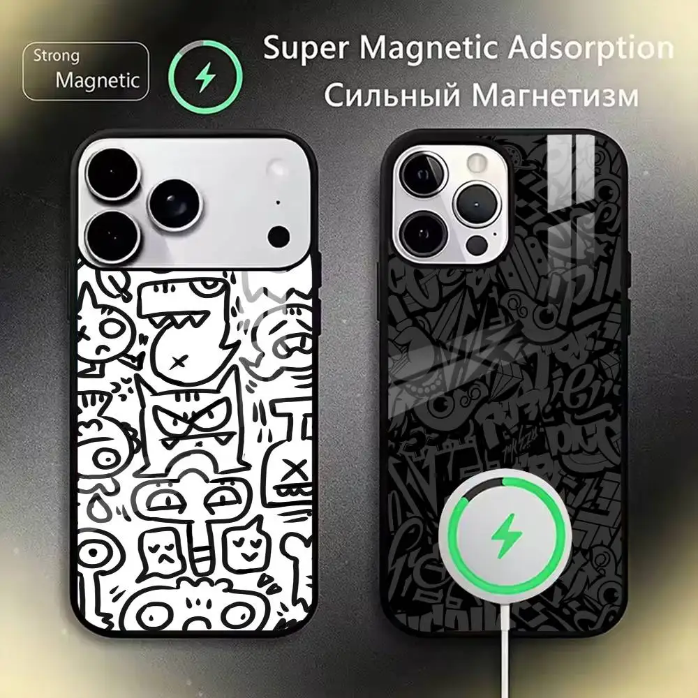 

Black White Graffiti Art Phone Case For iPhone17,16,15,14,13,12,11 Plus,Pro Magnetic with Magsafe Wireless Charging