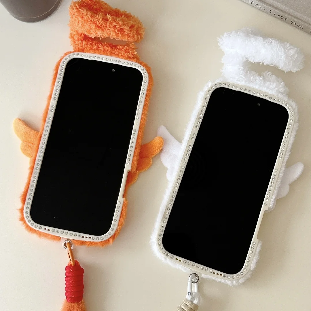 Otoño Invierno cordón cuerda lindo Ángel Halo funda de felpa para iPhone 13 14 15 16 17 Pro Max Plus carcasa a prueba de golpes cubierta de teléfono esponjosa