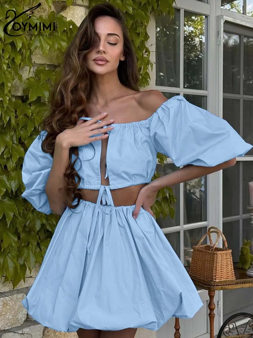 

Oymimi Casual Blue Cotton 2 Piece Sets Women Outfit Elegant Slash Neck Half Sleeve Lace-Up Crop Tops And Pleated Mini Skirts Set