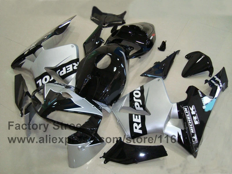 7gifts custom Injection Molding for HONDA 2005 2006 CBR 600RR CBR600RR fairings kit 05 06 Black silver repsol fairing set