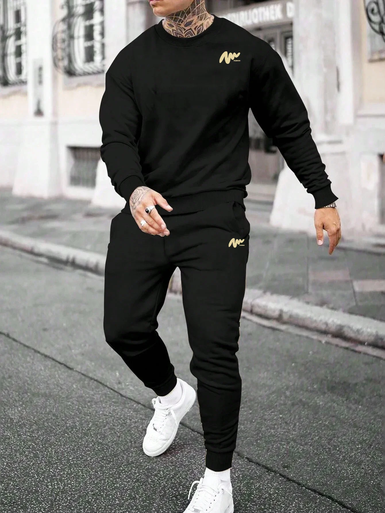 New Men's Autumn and Winter Printed Fashionable Sports Suit, Jogging Street Round Neck Sports Shirt + Office Casual Pants