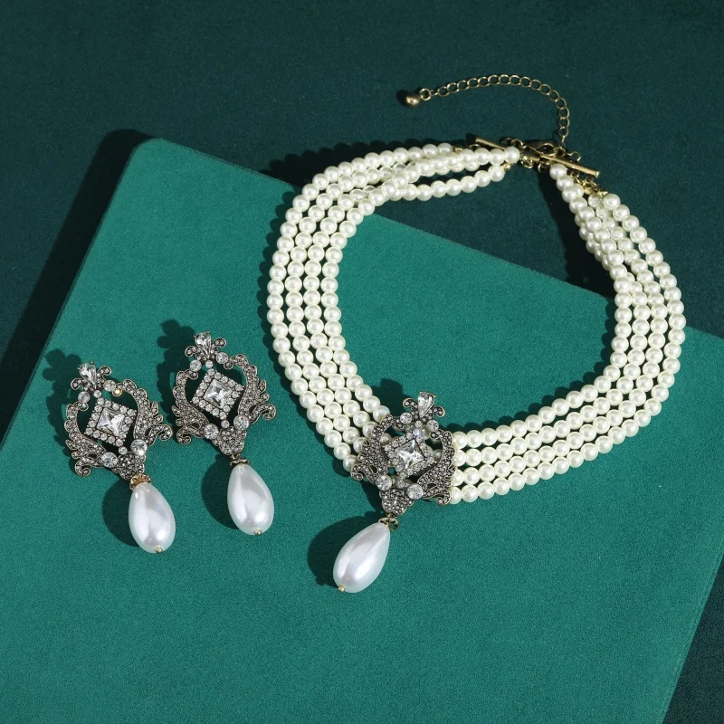 Vintage Crown 4-Layer Pearl Pendant Jewelry Sets Necklace Earrings Luxury Classic Party Brand Trendy Banquet Gifts For Women