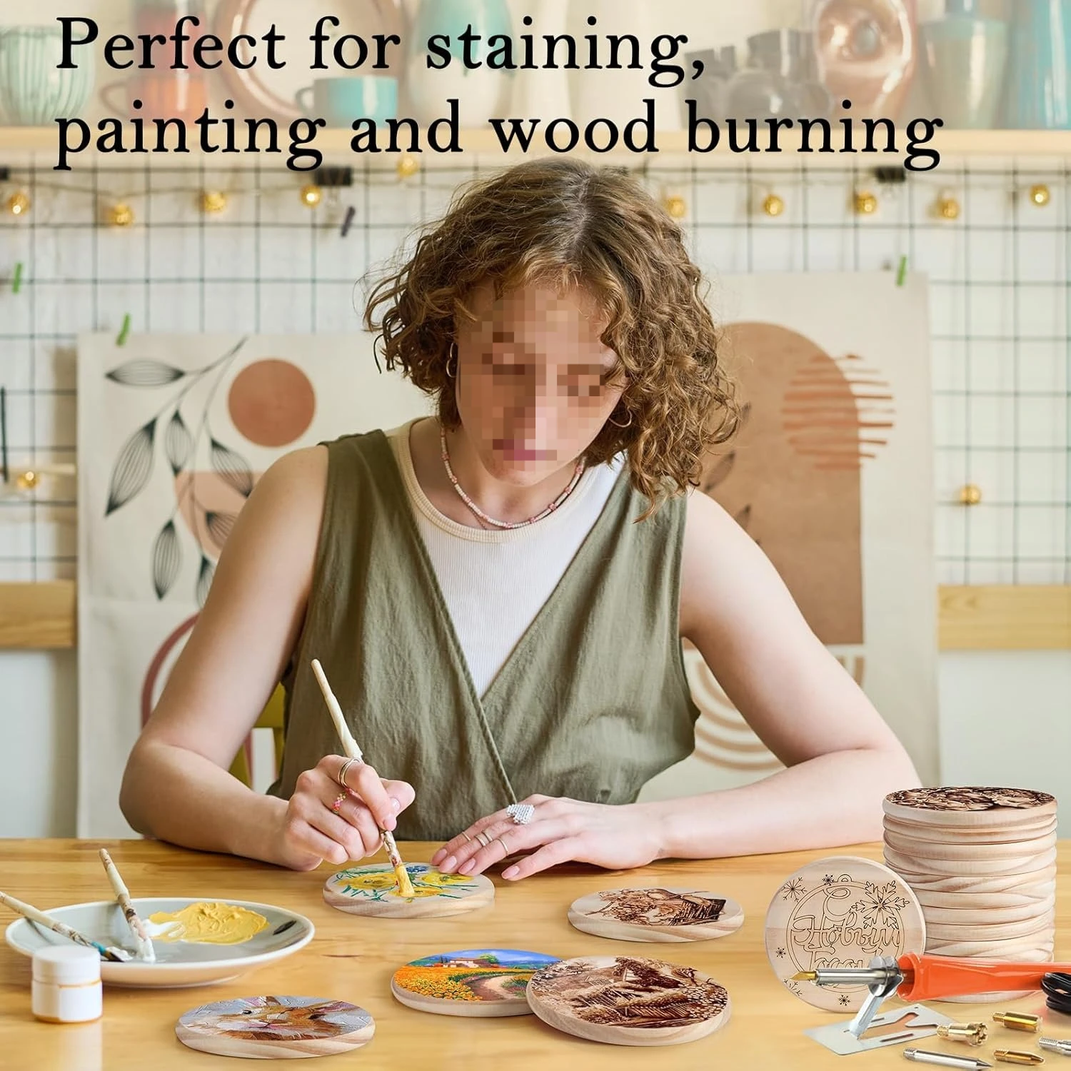 30 Pcs Unfinished Wood Coasters 4 Inch Blanks with Non-Slip Pads Laser Engraving Staining Painting Housewarming Crafts Education