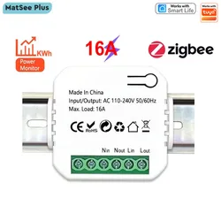 TuyaSmartZigBee電力量計KWhタイマー110V220V16ADINレールミニリレーモジュールソケットリモートコントロールオンオフパワーモニター統計ZigBeeシグナルリピーターエクステンダーとして使用GoogleHomeAlexa