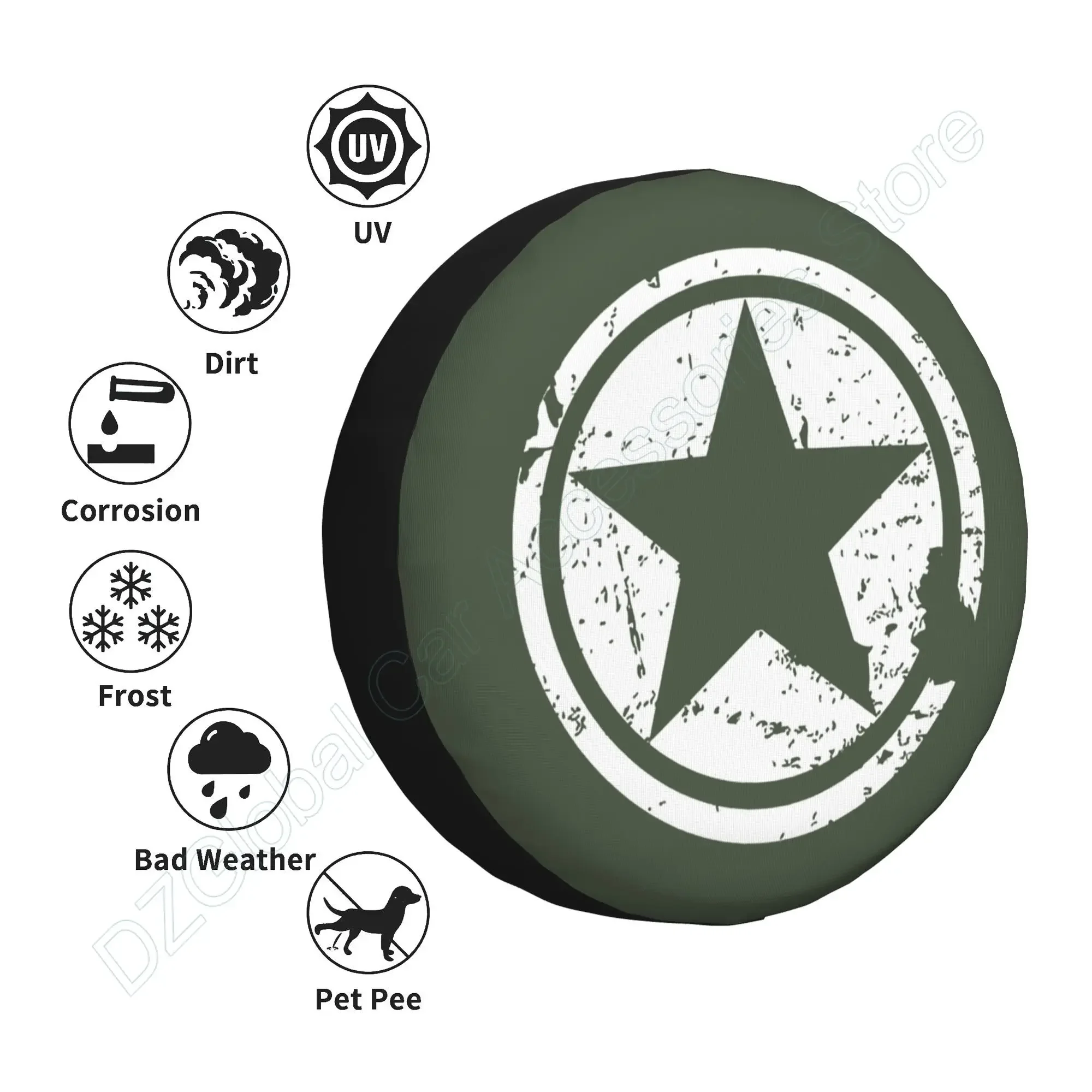 US Army Green Star Spare Tire Cover Polyester Universal Sunscreen Waterproof Wheel Covers for Trailer Rv SUV Truck