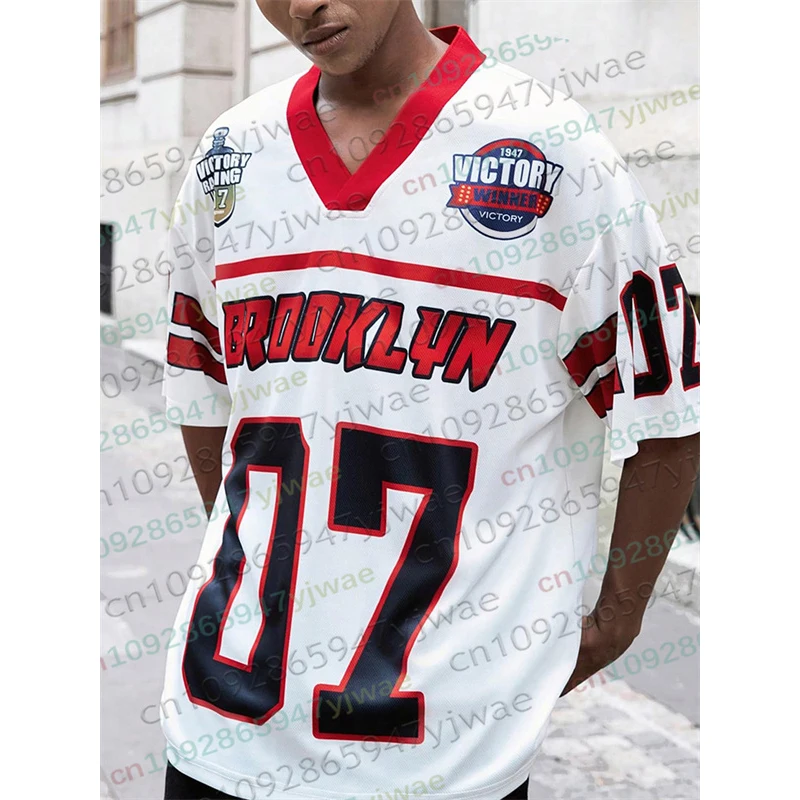 GORGLITTER Herren Brooklyn 07 V-Ausschnitt Racing Moto Jersey Shirt Sommer Übergroßes, atmungsaktives, kurzärmliges Streetwear-Herren-T-Shirt