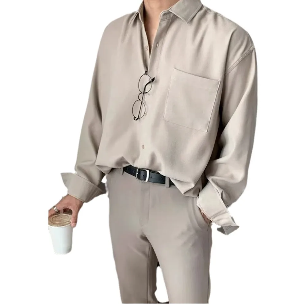 ملابس رجالية كاجوال كورية عتيقة بأزرار وياقة مقلوبة وأكمام طويلة بلون سادة ملابس فاخرة مميزة جديدة