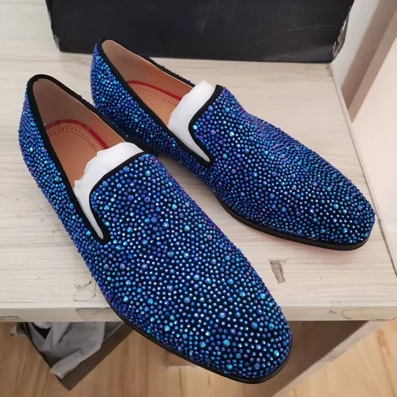 Royal Blue Rhinestone Loafers Luxury Evening Formal Men Dress Shoes Slip On Leather Flats Party Wedding Shoes view 3
