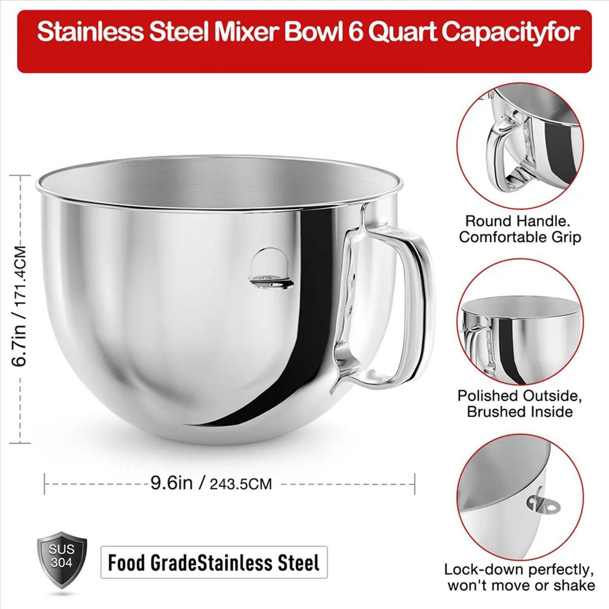 

[A61K] 2x 6QT Чаша из нержавеющей стали для миксеров KitchenAid, для 6QT миксера с откидной головкой и ручкой