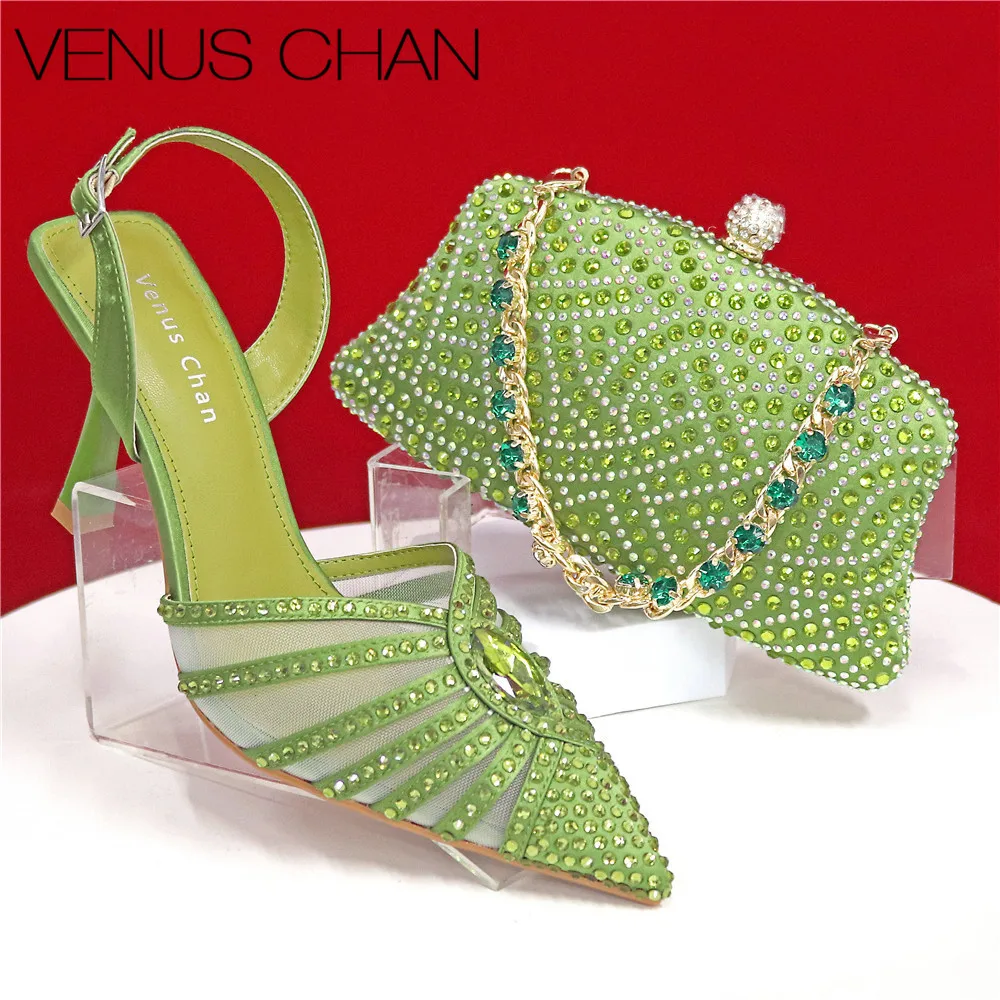 2026 Elegant Fruit Green Women's Heels and Rhinestone Handbag Set - Italian Design for Weddings and Parties