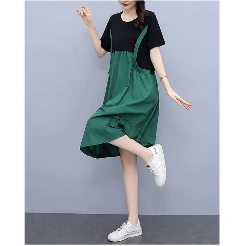 Fashion Fake Two-Piece Dress Woman Medium Long Summer Plus Size Women's Dress A-Line Skirt With Meat Cover And Age Reduction