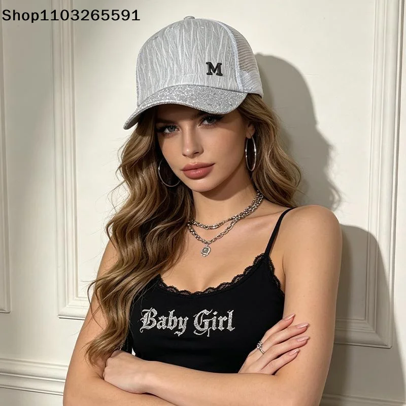 Womens Bling Rhinestone Baseball Cap With Breathable Mesh Back M Logo For Summer Beach Casual Daily Wear