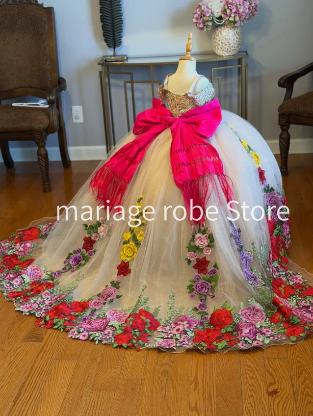 Little Princess cincoañera 3D Floral flower Girls Dresses mexican vestidos3años infant toddler wedding party girl gown customize