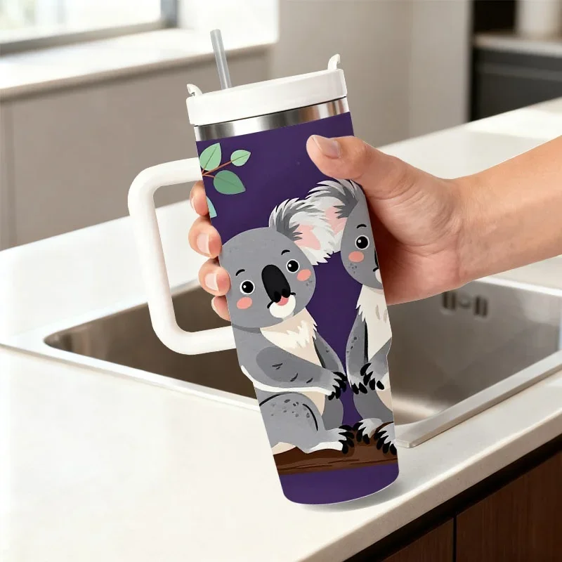 Cute Koala Eucalyptus Tree Digital Print Stainless Steel Tumbler, 40Oz Insulated Beverage Cup, Portable Drink Holder for Daily Use And Outdoor Commuting