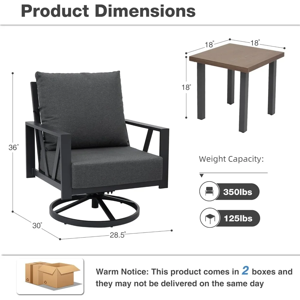 مجموعة كراسي هزازة دوارة للفناء الخارجي، أثاث شرفة الفناء، مجموعة بيسترو خارجية مكونة من 3 قطع طاولة قهوة