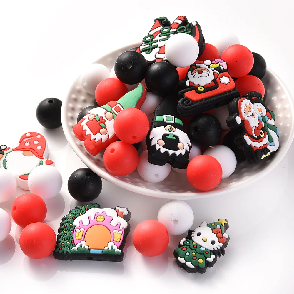 66Pcs New Round 15mm Silicone Beads Christmas Series Santa Kitty Spacer Beads For Jewelry Making DIY Jewelry Materia Accessories