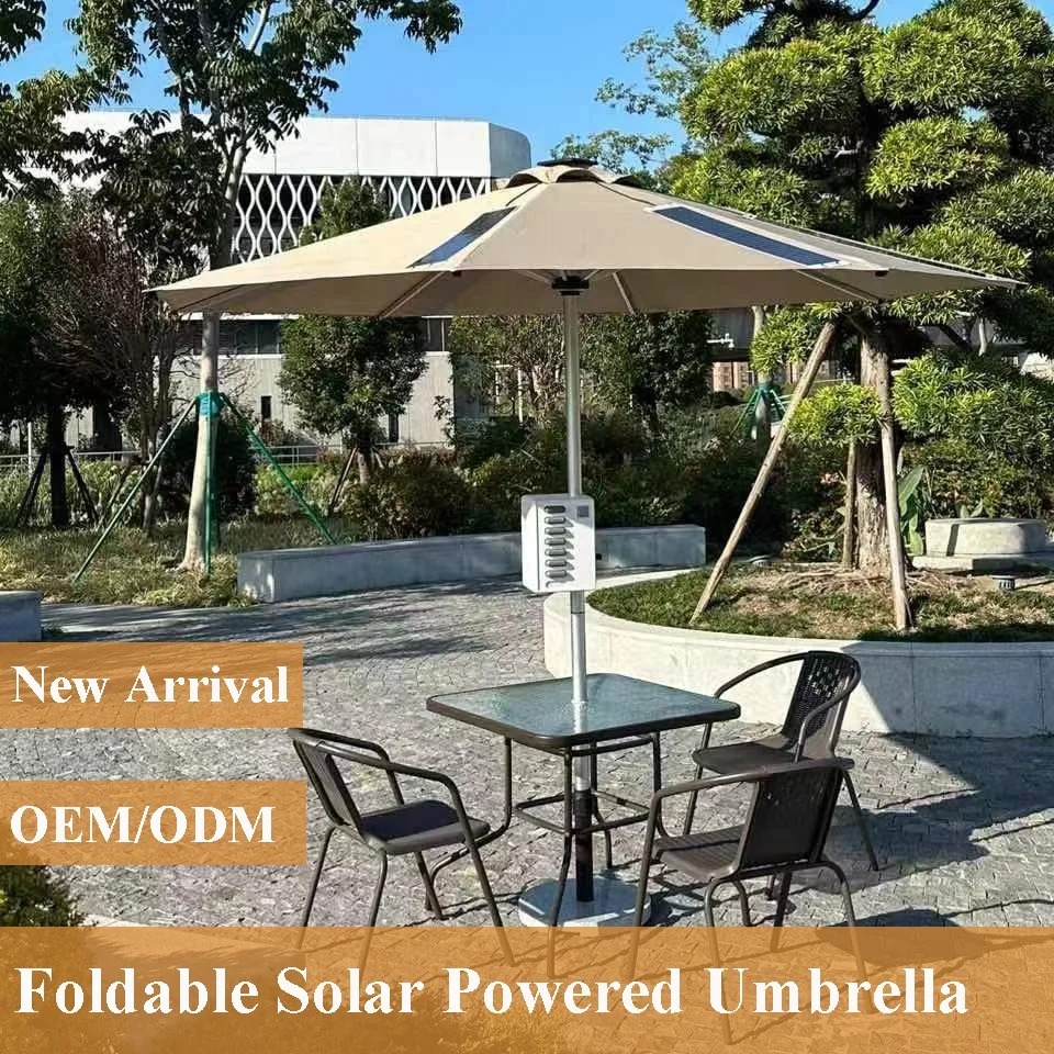 New design power bank patio beach umbrella solar charger powered led panel umbrella