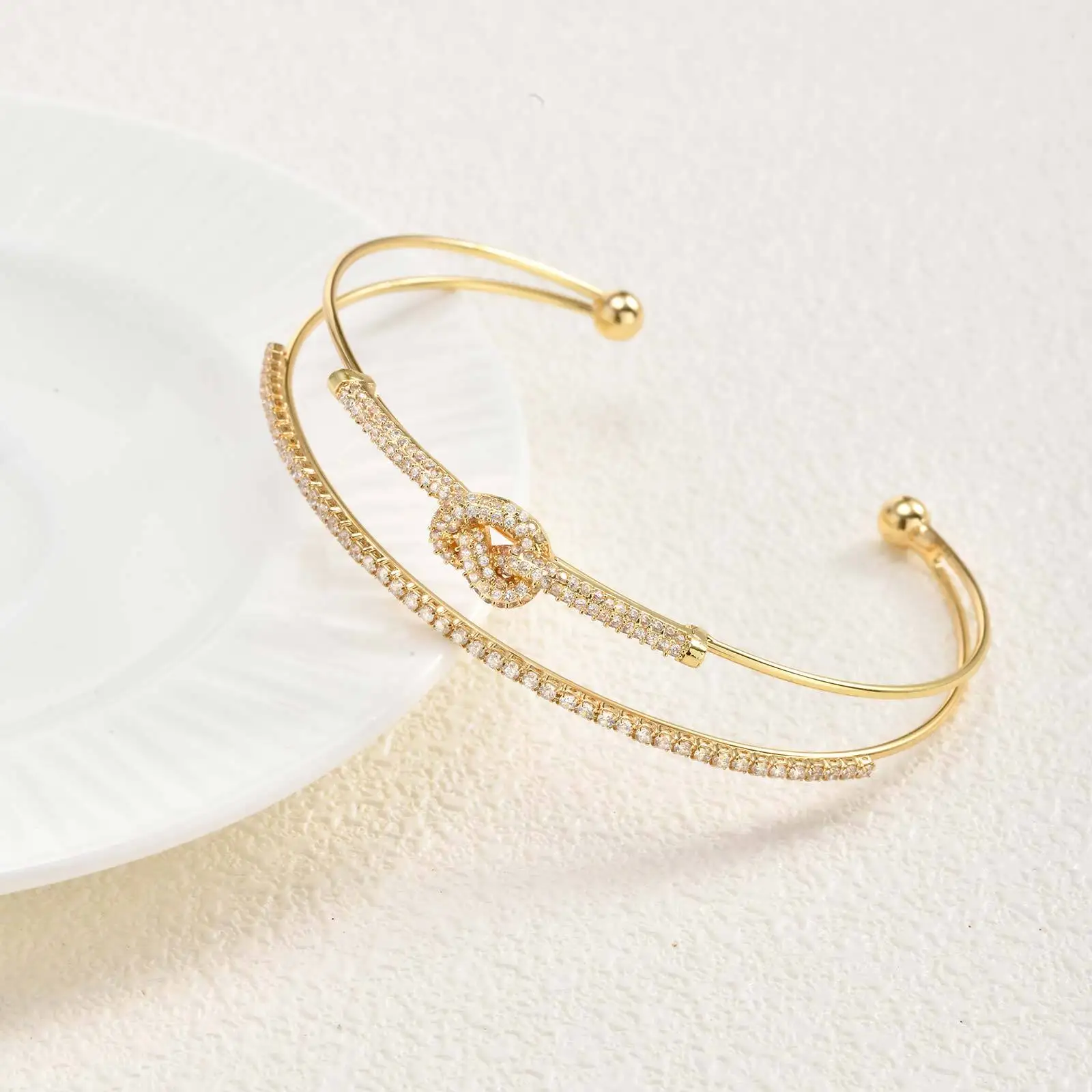 

Vnox Shine Double Cuff Bracelet For Women Girls, Gold Color Thin Knot Simple Bangles, Stylish Jewelry Easy Wear