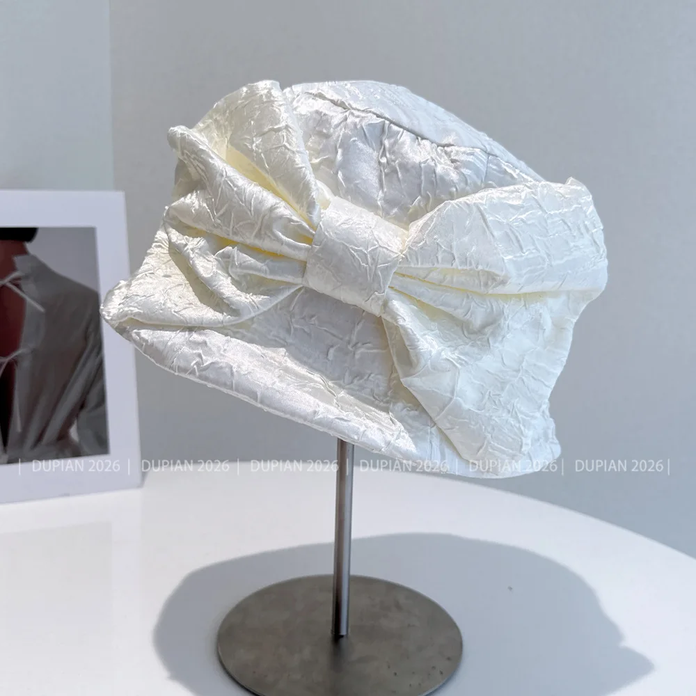 Japanese Pleated Texture Satin Bucket Hat Women's Spring and Autumn Sunscreen Cloth Big Bow Basin Hat Fashion Bucket Hat