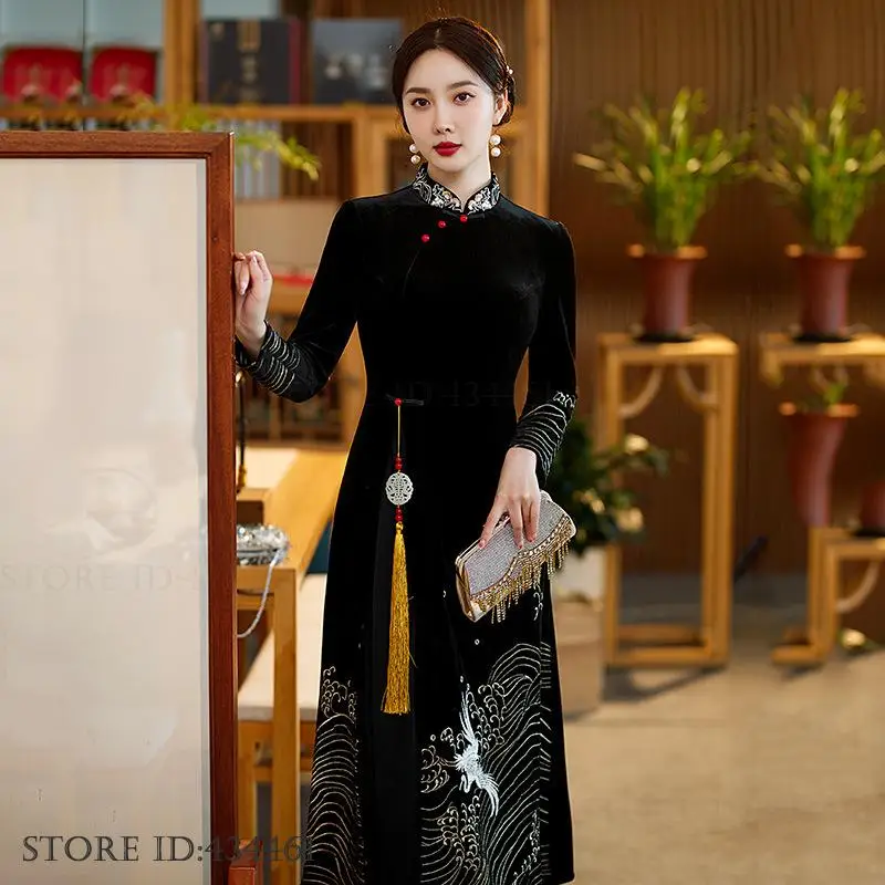 

Традиционное китайское женское платье Aodai Qipao с вышивкой, элегантное ретро-улучшенное велюровое платье Cheongsam, новое платье с длинными рукавами в китайском стиле