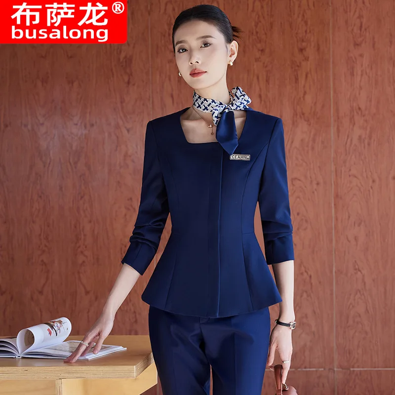 

Темно-синий профессиональный костюм для женщин, весна/лето, для менеджера отеля, администратора на ресепшене, униформа для сотрудников ювелирного магазина, формальный костюм.
