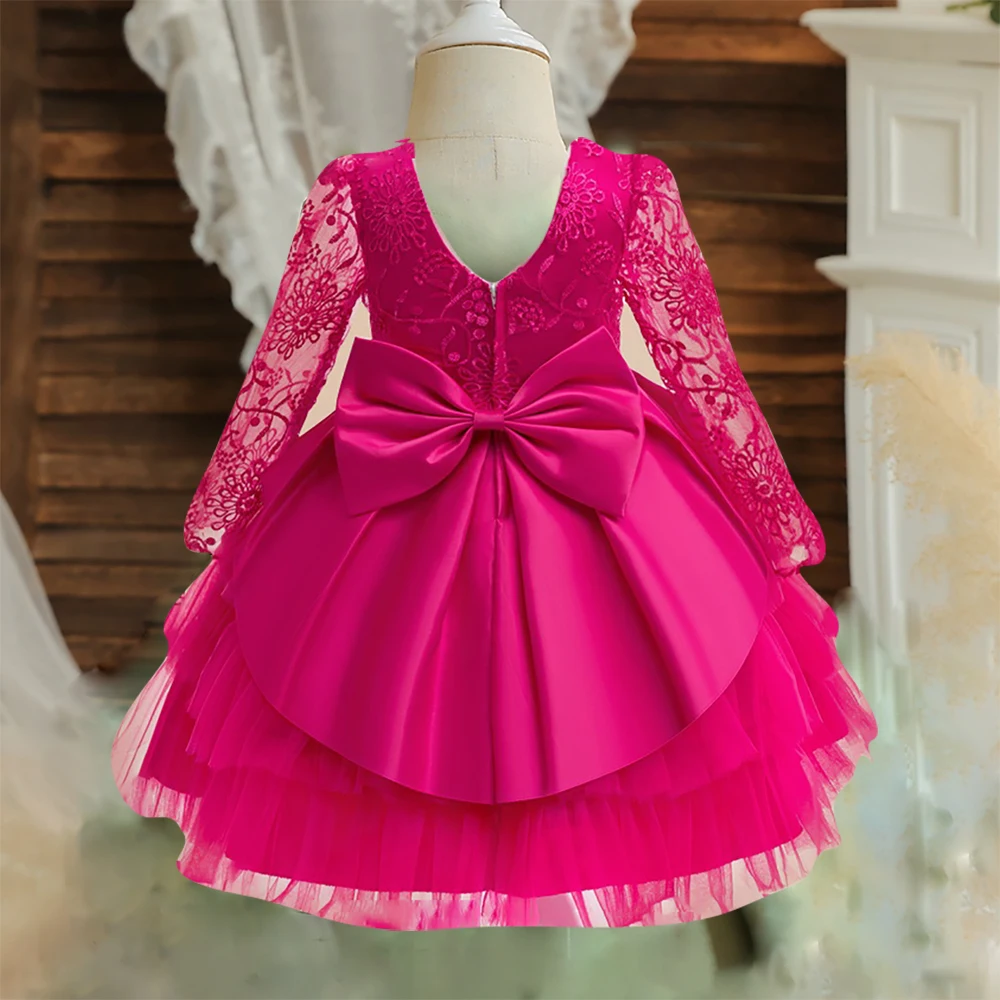 Girls Rose Red Lace Party Princess Dress Girl Fashion Evening Embroidery Gown Young Kids Summer Holiday Clothes With Big Bow