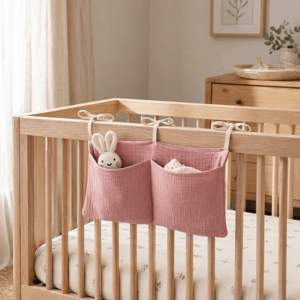 Double-Layer Children's Storage Bag Foldable Pure Cotton Baby Crib Hanging Bag Portable Multifunctional