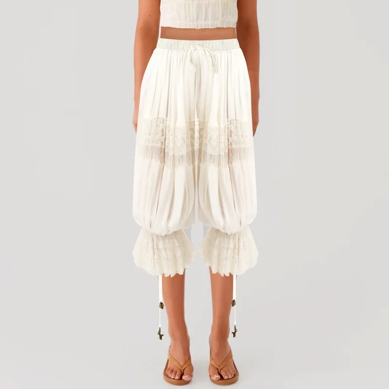 여성 Y2K 퍼프 블루머 롱 팬츠 레이스 패치워크 루즈 블루머 팬츠 러플 하이웨이스트 여성 트라우저 비치 롱 벌룬