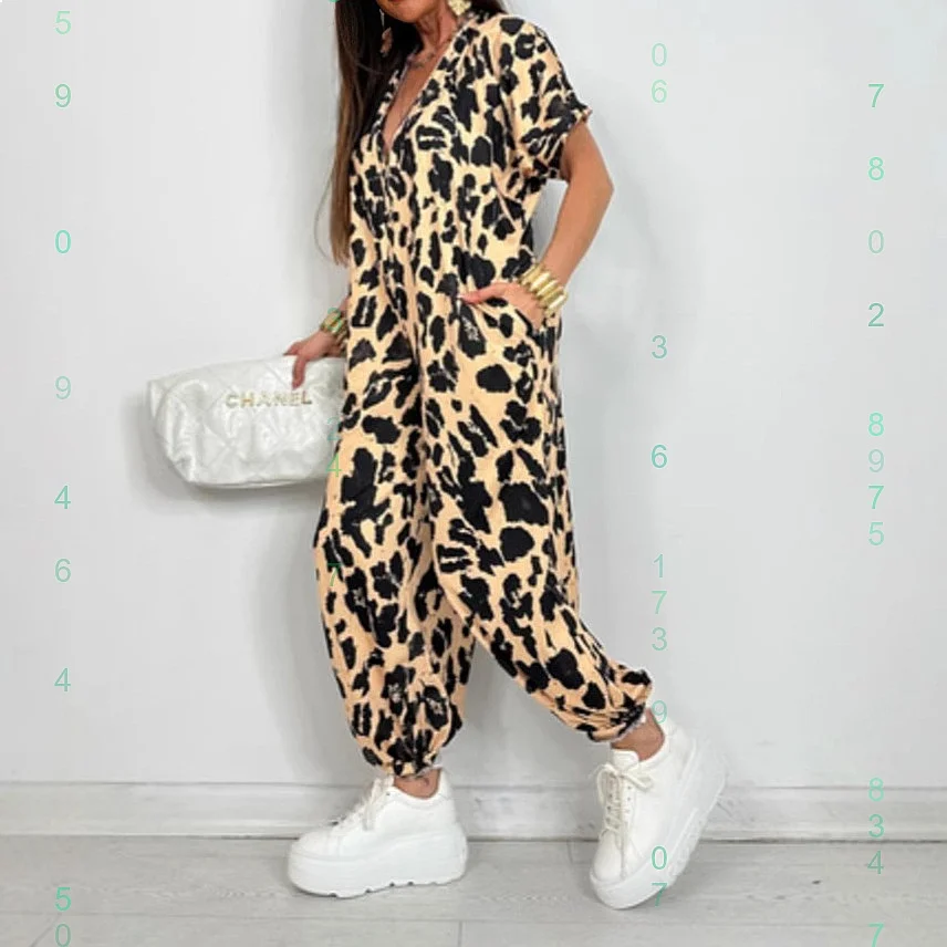 

Women's Leopard Print Jumpsuit Casual Overall Playsuit with Pockets Solid Straight Leg Jumpsuits Spring Summer