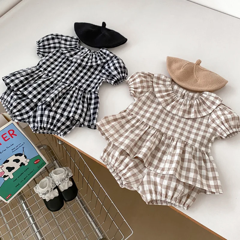 Summer Girl Children Plaid Lapel Puff Sleeve Tops + Shorts 2pcs Newborn Casual T-shirt Suit Loose Infant Cotton Tees Set Clothes