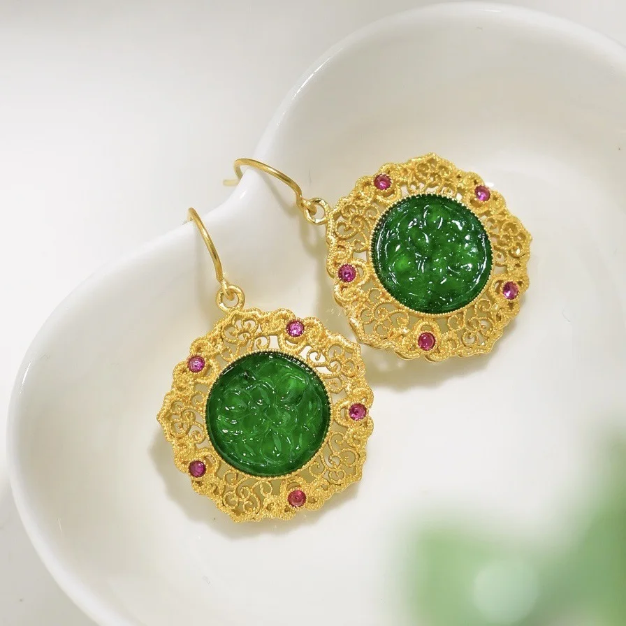 

Natural Grade A Emerald Green Carved Jade Earrings Palace Style Drop Earrings 18K Gold 5D Craft Inlay for Women
