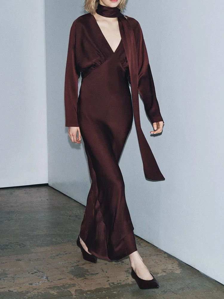 

Ele Sweet Silk Satin Scarf Dr New Winter Faion Women's Clothing High Waist Long Sve Evening Gown Pure Color