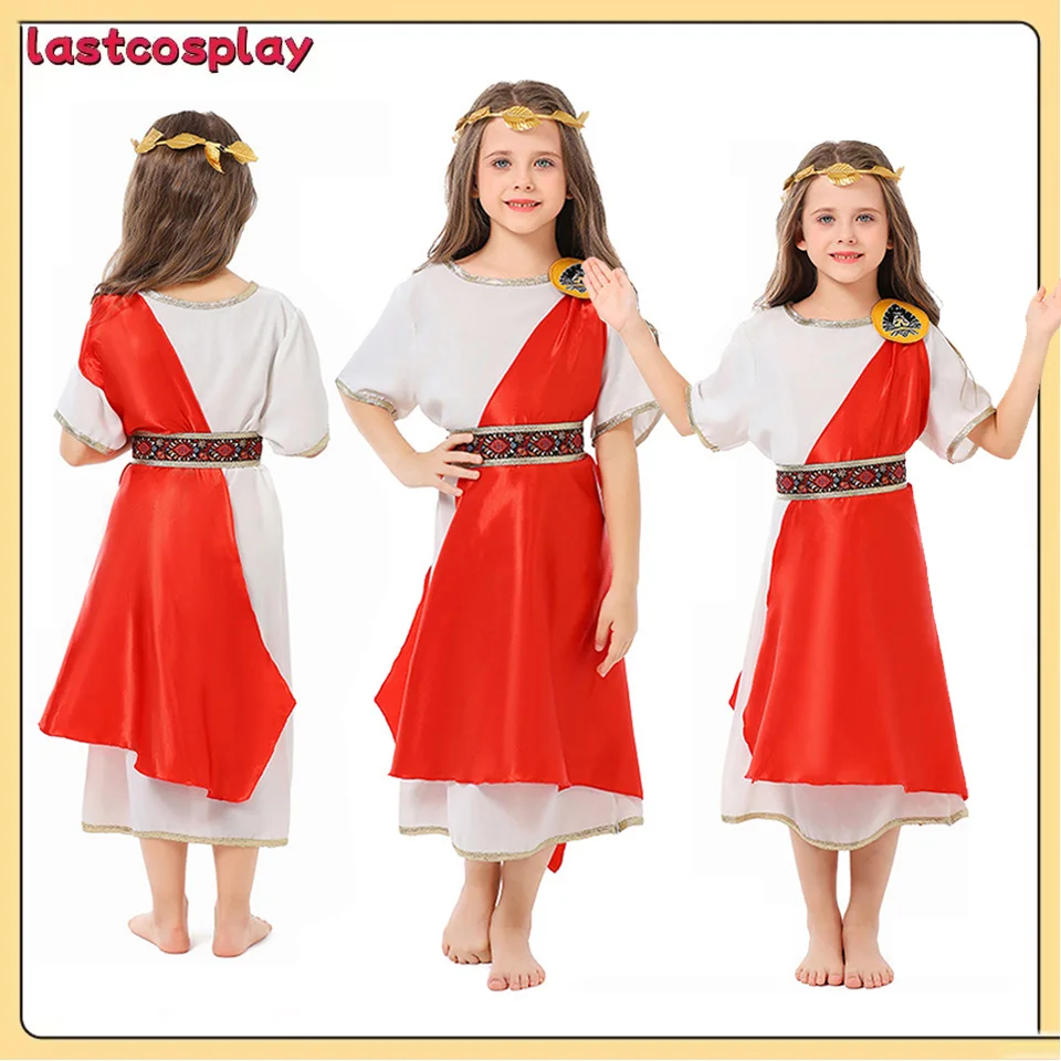 

Kids Cosplay Costume Medieval Greek Robe Toga Girls Stage Performance Dress Headwear Belt Shawl Outfits for Children Halloween