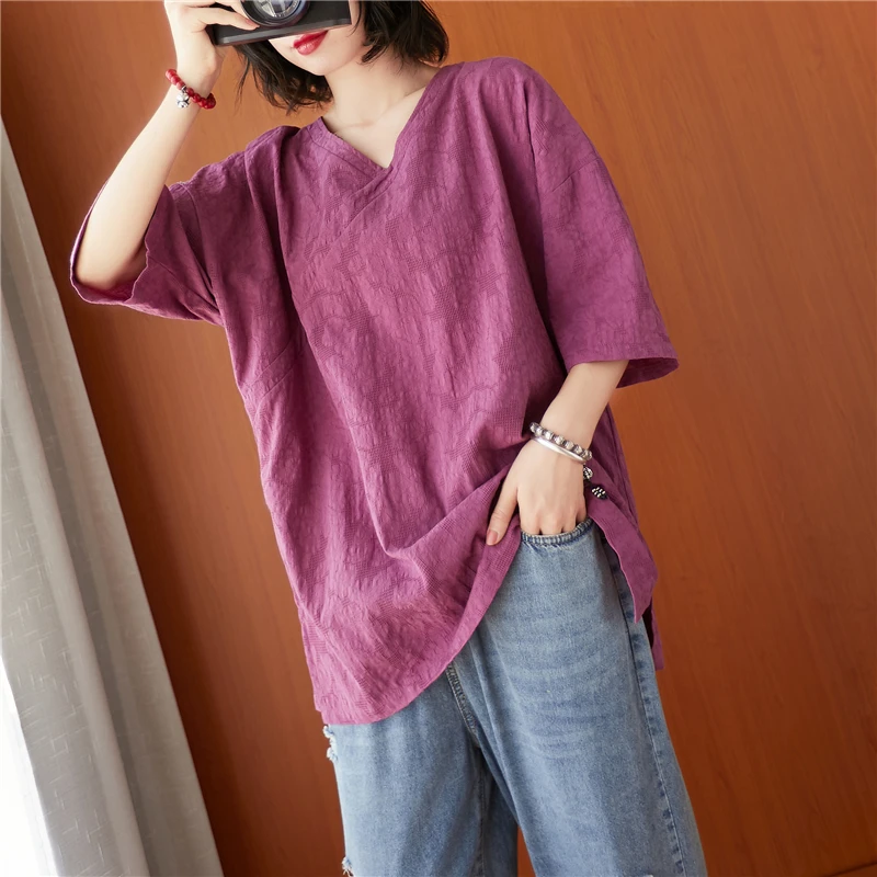 Estate 2025 taglie forti da donna in cotone e lino ricamato con stampa floreale Top V-Ne T-shirt dimagrante Copri pancia Versatile Casual...