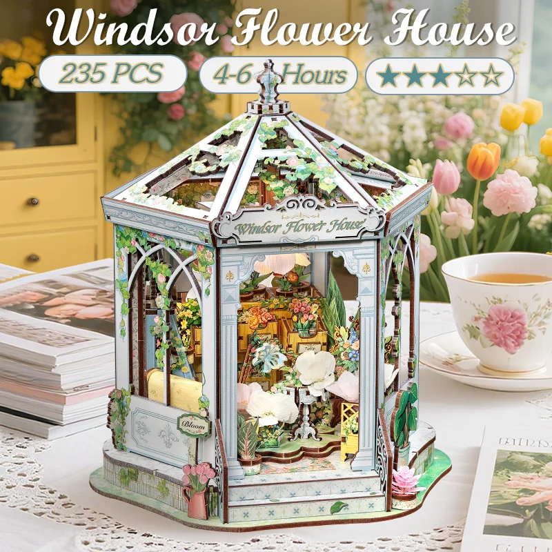

CUTEBEE DIY Wooden Book Nook Kit Windsor Flower House Dollhouse with LED Lights Miniature Doll House Kits for Adults