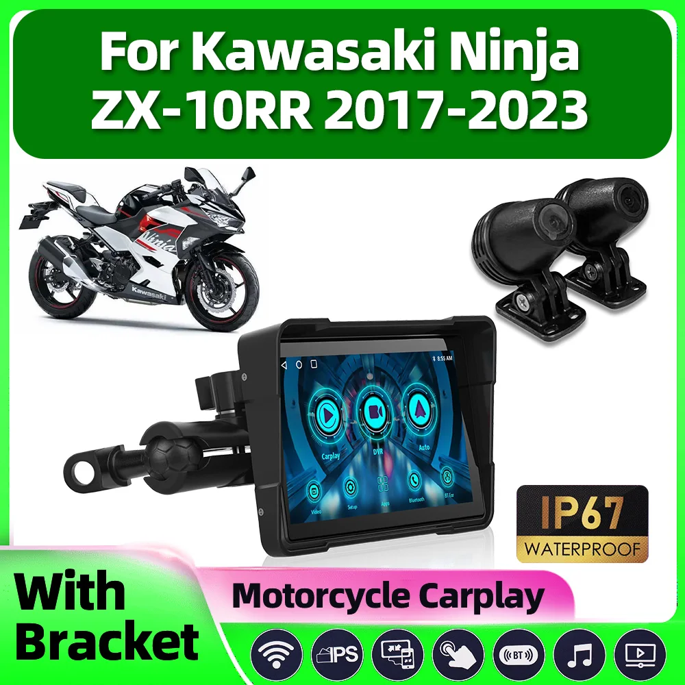 Motocicleta Carplay sem fio, tela GPS de navegação portátil Android Auto para Kawasaki Ninja ZX-10RR 2017-2021 2022 2023, 5"