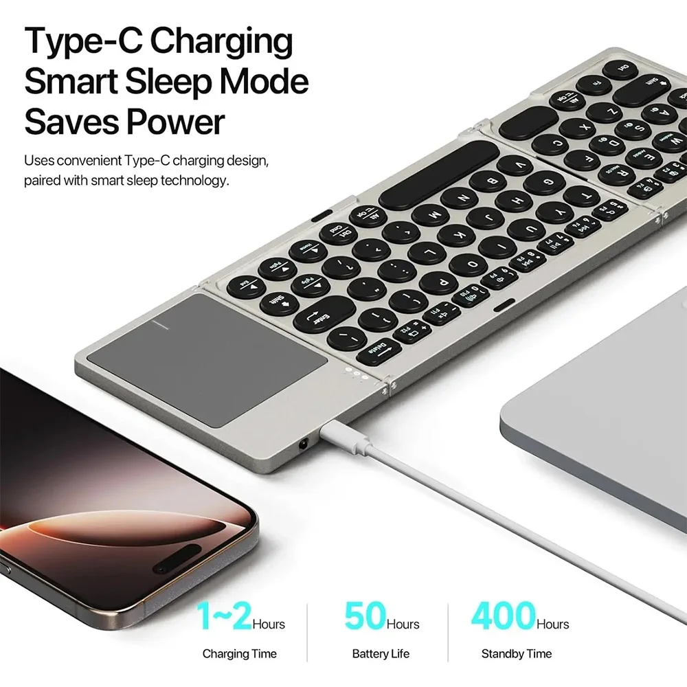 MRSVI Foldable Bluetooth Keyboard with Touchpad, Travel Folding Keyboard Leather Stand for iPad Tablet Phone, Rechargeable