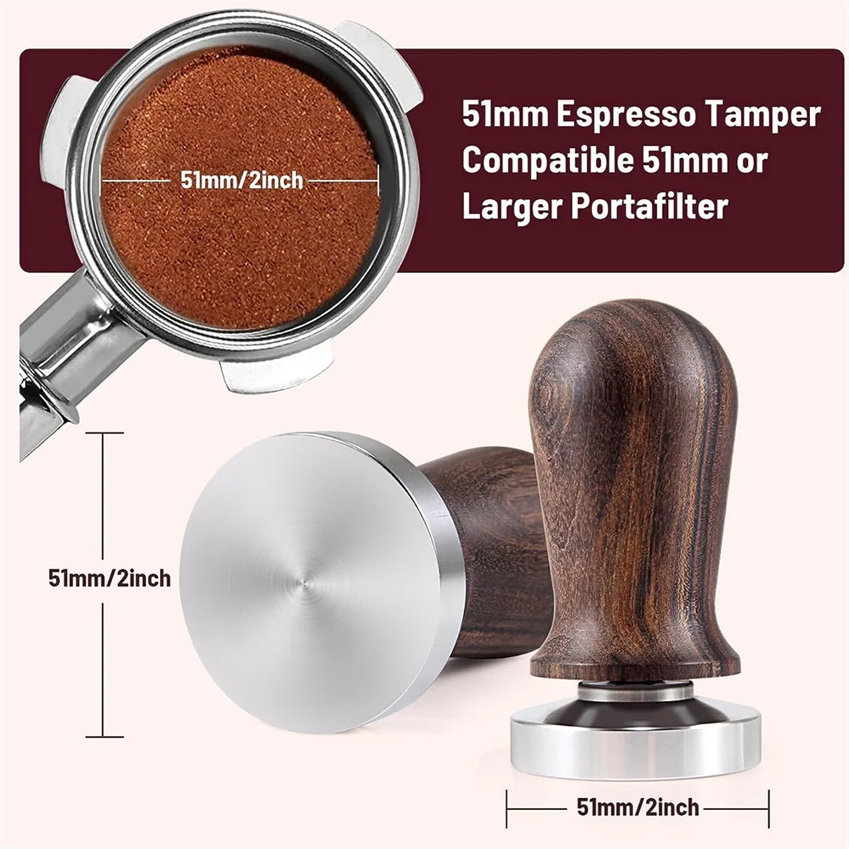 51mm Espresso Coffee Tamper&Stirrer Set-Wooden-Handle Spring-Loaded Calibrated Tamper with Premium Stainless Steel Base