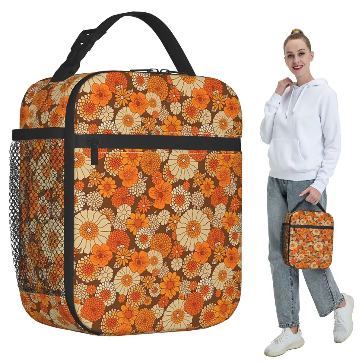 

Термосумка для обедов в стиле ретро 70-х с ромашками, винтажная, в стиле бохо, с изображением цветов, для детей, школьная, изолированная, термосумка-холодильник для еды, сумка-тоут для ланч-боксов