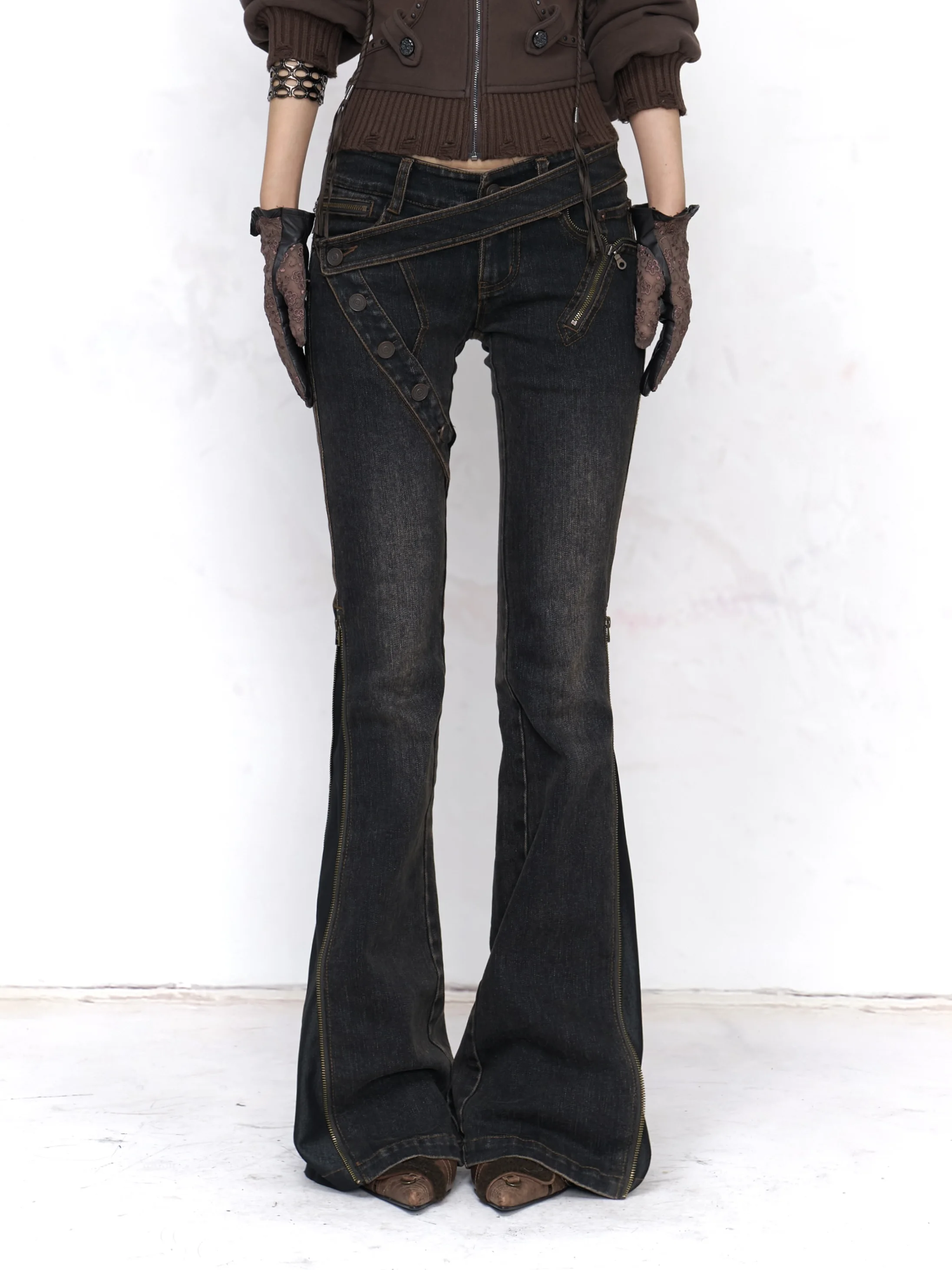 

Джинсы-клеш с низкой талией на молнии, эластичные, винтажные, из хлопка, для женщин, двусторонние, деконструированные, в стиле Floirds Market