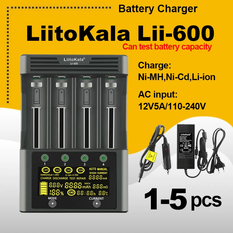 1-5PCS LiitoKala Lii-600 LCD Display Battery Charger For 3.7V 1.2V 18650 26650 21700 26700 AA AAA Test battery capacity