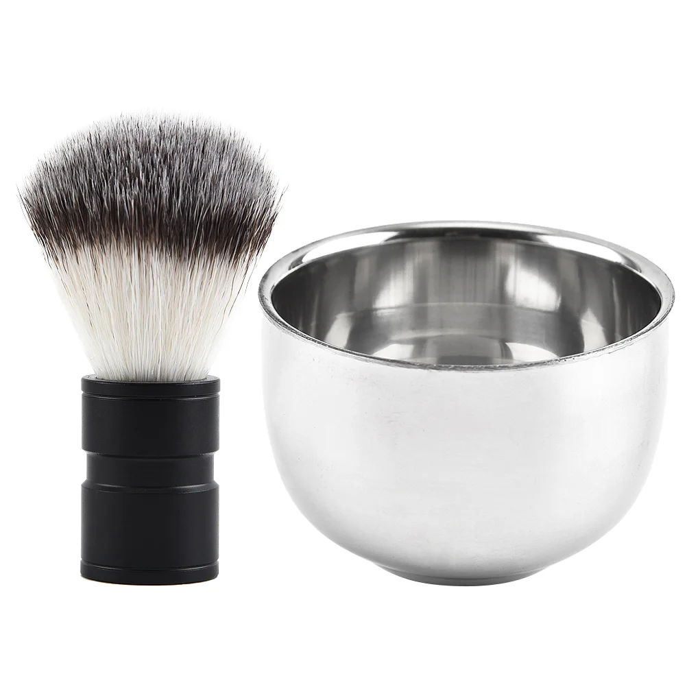 

2 Pcs Beard Brush Set Aluminum Bowl Men Shaving Tools Soft Pig Bristles Comfortable Handle Holds Water Soap Practical