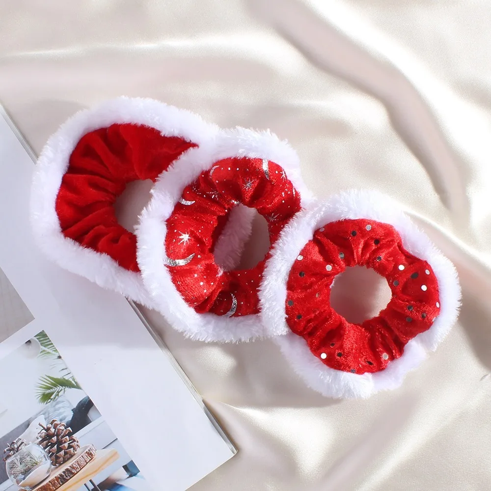 Velvet Plush Christmas Hair Rope High Elasticity Snow New Year Hair Scrunchies Glitter Red& White Women Hair Ring