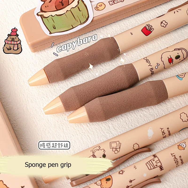 Pluma de Gel Kawaii Capybara de secado rápido, 6 piezas, tinta negra, escritura suave, elegante, accesorios de oficina, suministros de papelería