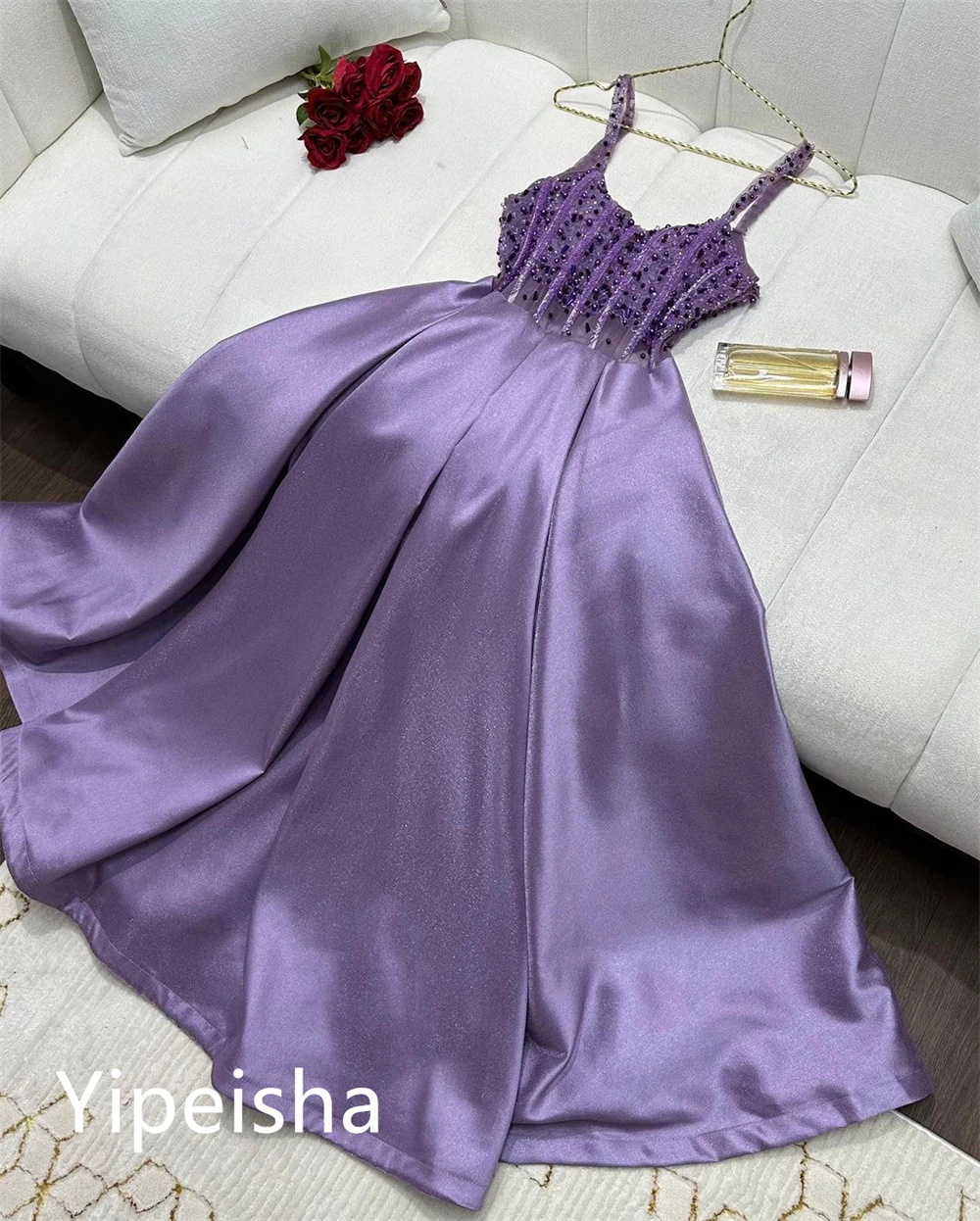 Customized Simple Exquisite Square Ball gown Cocktail  Formal Ocassion Gown Flowers  Draped Sequin Fold  Satin es